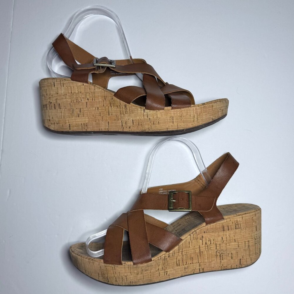 Korks Denica 11 M Cork Wedge Sandals Platform Tan Faux Leather Strappy Slingback